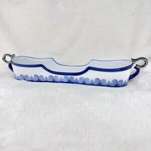 Vintage Bombay Chinoiserie Style Blue White Flatware Holder Tray Olive Boat 12”